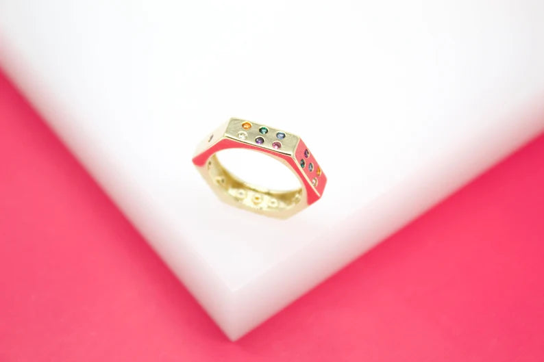 Hexagon Ring With Multi-color CZ Stones