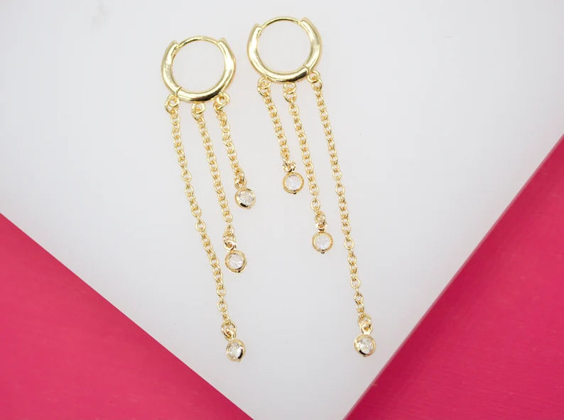 Long Dangle CZ Stone Huggies Earrings