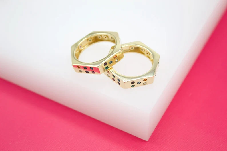 Hexagon Ring With Multi-color CZ Stones