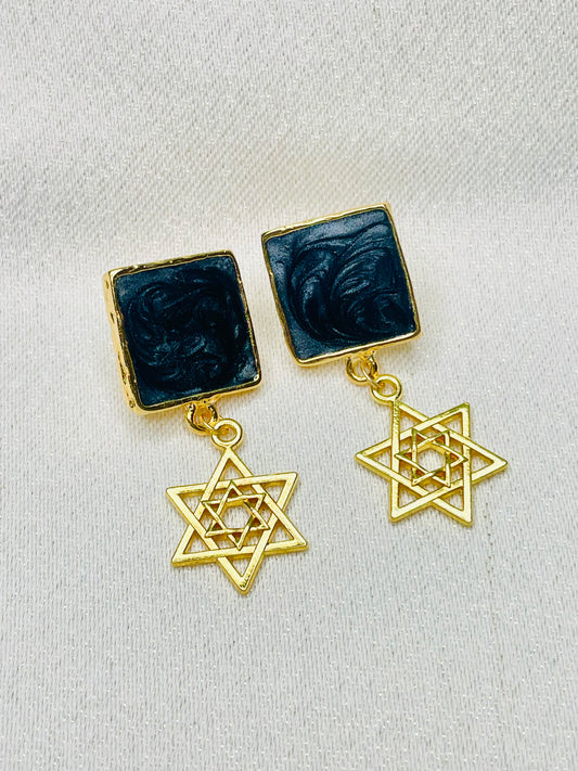 Gold Gem Stone Jewish Star Earrings